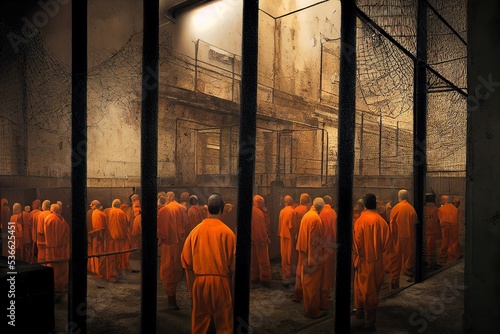 convicts gathering in a dystopian prison yard in orange suits photo
