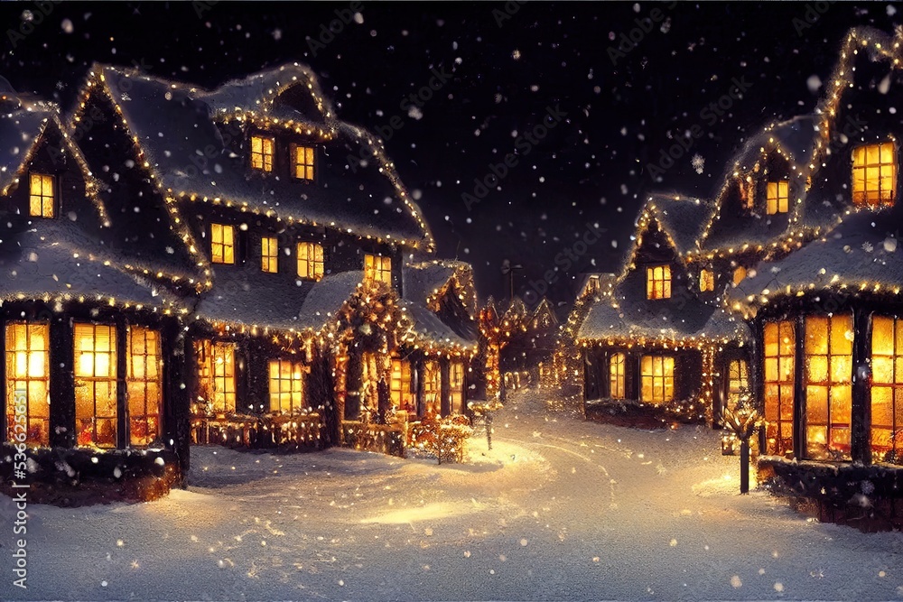 Winter snowy small cozy street with lights in houses, falling snow town