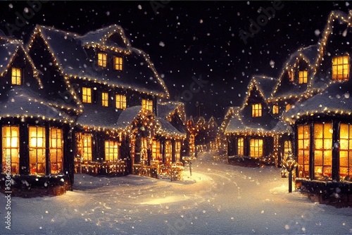 Winter snowy small cozy street with lights in houses, falling snow town night landscape. Winter holidays night time backdrop. Merry Christmas vintage retro illustration background.