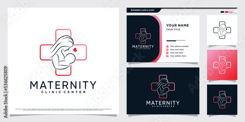 Maternity clinic logo design with mom holding baby concept and business card template