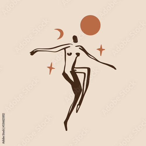 Divine celestial goddess vector clipart illustration, boho sacred magic woman, freedom mystical symbol. Flat holistic healing meditation Reiki New Age concept. Modern abstract silhouette. Hippie