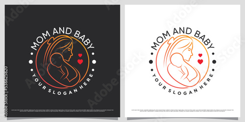 Creative mother and baby logo design illustration with emblem style concept