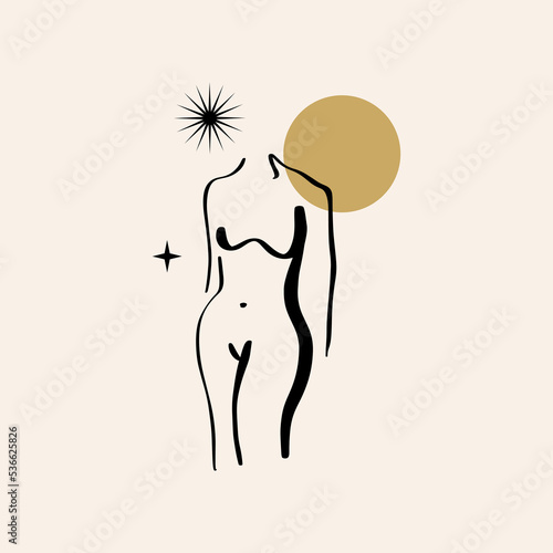 Divine celestial goddess vector clipart illustration, boho sacred magic woman, freedom mystical symbol. Flat holistic healing meditation Reiki New Age concept. Modern abstract silhouette. Hippie