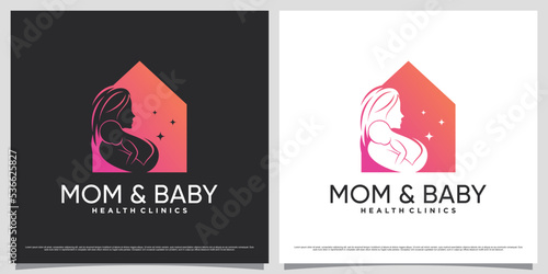 Mother and baby logo design for baby clinic with home icon and creative concept