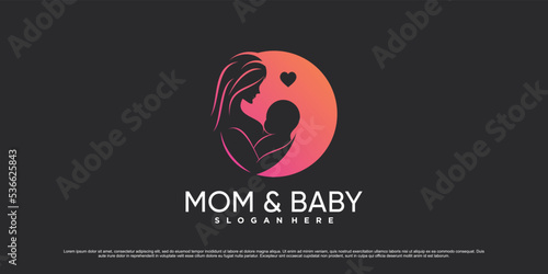 Mom and baby logo design vector illustration with circle concept and creative element