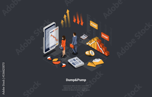 Forex, Stock Market Practice of Inflating Stock Prices to Produce Value, Dump And Pump Concept. Market Makers Move Price On Stock Market Exchange Using Various Tools. Isometric 3d Vector Illustration