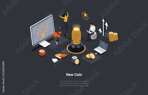 Initial Decentralized Exchange Offering, New Coin Listing On Stock Market. Initial Coin Offering. Investing at Initial Privat Stage. Crypto Investor Fund in Presale. Isometric 3d Vector Illustration photo