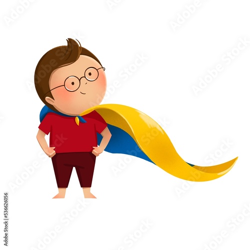 Little boy with Ukrainian flag like a super hero. illustration in flat cartoon simple style.