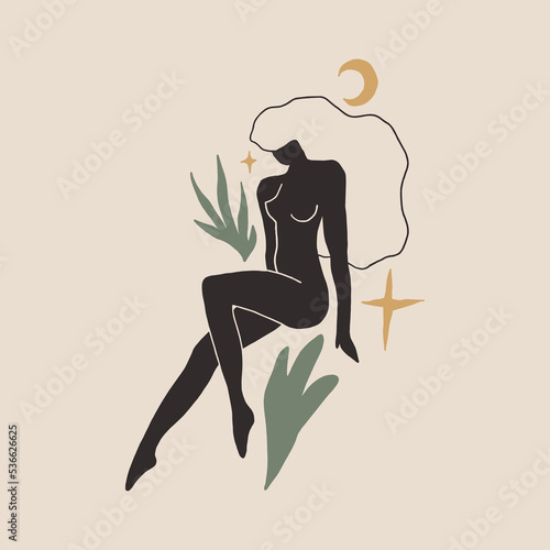 Divine celestial goddess vector clipart illustration, boho sacred magic woman, freedom mystical symbol. Flat holistic healing meditation Reiki New Age concept. Modern abstract silhouette. Hippie