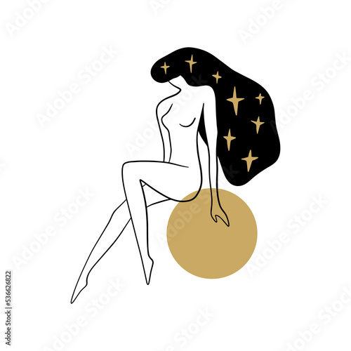 Divine celestial goddess vector clipart illustration, boho sacred magic woman, freedom mystical symbol. Flat holistic healing meditation Reiki New Age concept. Modern abstract silhouette. Hippie