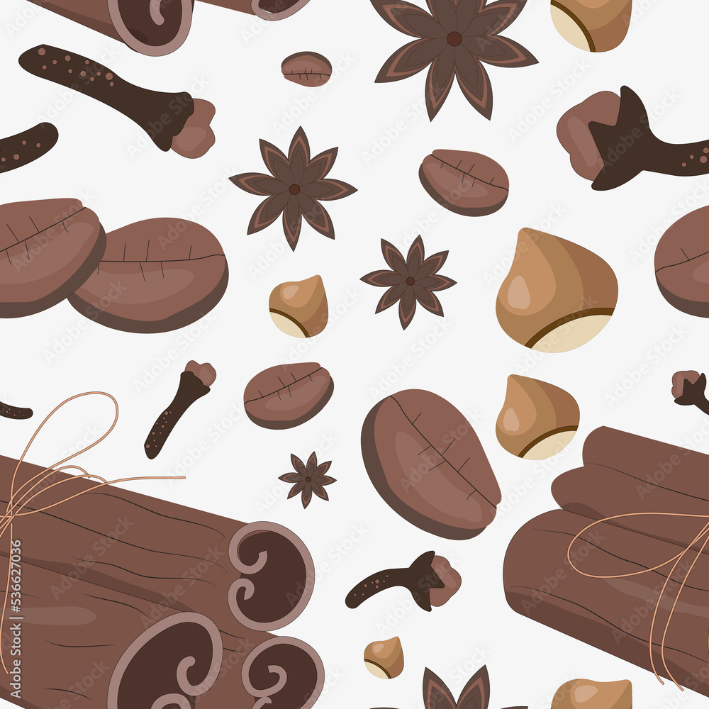 Fototapeta premium a set of aromatic spices. cinnamon, star anise, nuts, cloves and coffee beans