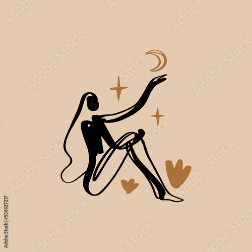 Divine celestial goddess vector clipart illustration, boho sacred magic woman, freedom mystical symbol. Flat holistic healing meditation Reiki New Age concept. Modern abstract silhouette. Hippie