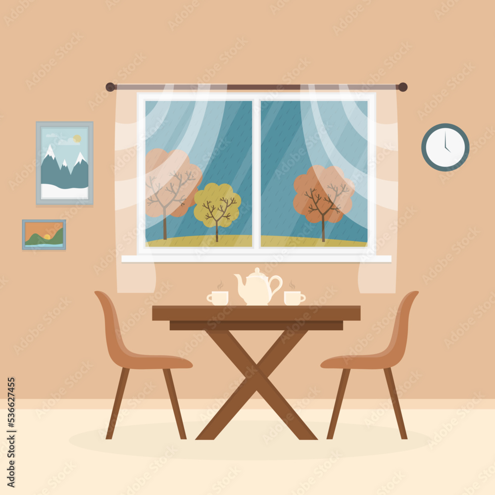Fototapeta premium Cosy kitchen interior design with furniture, autumn trees window view. Dining table in kitchen with chairs, cups and teapot, pictures, clock on the wall. Flat design vector illustration