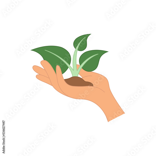 Plant in hand vector icon. Illustration of human hand holding handful of soil with growing young green sprout of plant. Sprout flat vector icon isolated on white background