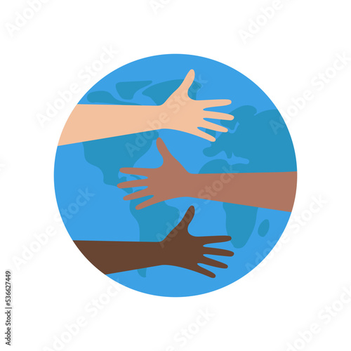 Hands of different nationalities hold planet Earth. Gesture or sign of protection, racial freedom, volunteer concept. Vector illustration flat design