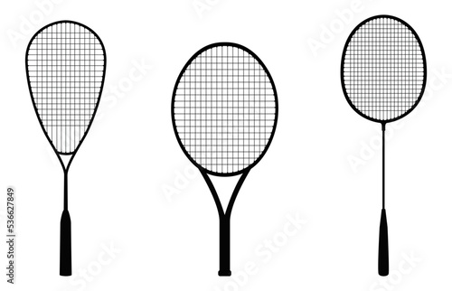 Silhouettes of squash, tennis and badminton rackets. Vector illustration