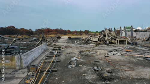 situation after the bomb explosion. Post apocalypse destroyed city street