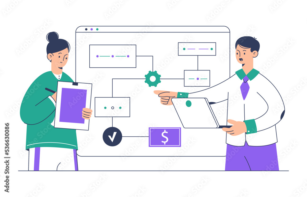 Business office people, linear employers communication. Office teamwork business solutions, boss chatting with employee flat symbols illustration. Linear business conversation Business office people, linear employers communication. Office teamwork business solutions, boss chatting with employee flat symbols illustration. Linear business conversation