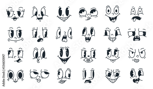 Comic funny faces, retro caricature emoji characters. Cartoon 30s vintage face with eyes and mouths, happy smiling mascots flat vector illustration set. Doodle comic book smile faces bundle