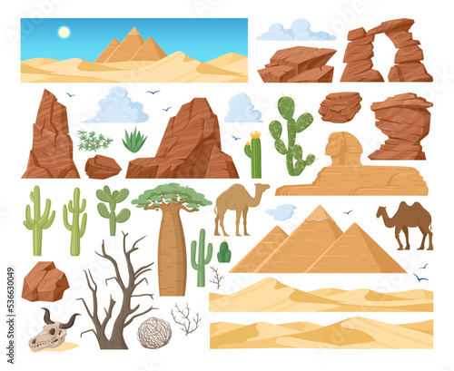 Cartoon desert dunes, tumbleweed, sand stones, cactus plants. Cartoon sand landscape elements, western desert view flat vector symbols set. Desert constructor elements