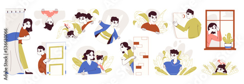 Spying curious people, hiding man and woman peeping. Characters monitoring and observing around flat vector illustration set. Looking out, searching person collection