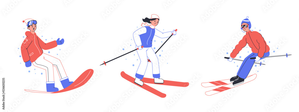 People skiing and snowboarding, winter sport activities. Snow winter sports, linear characters doing winter outdoor activities flat vector symbols illustrations. Winter sports collection