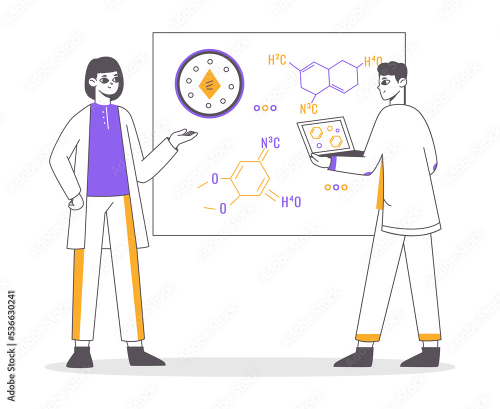 Scientific medical lab workers, chemical laboratory experiment. Scientists biotechnology researching, lab workers characters vector symbols illustration. Medical lab concept