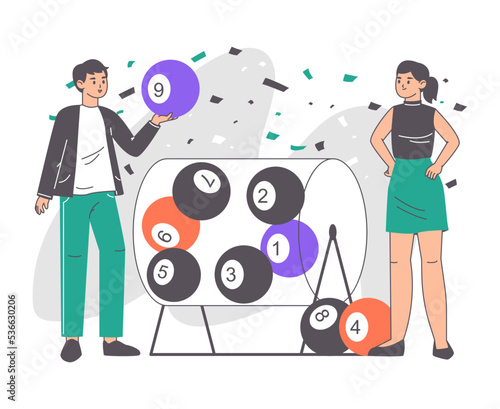 Lottery machine gambling people, lucky lotto games players. Fortune game lottery numbers ball, lucky lotto prize winners flat vector background illustration. Outline lottery machine game