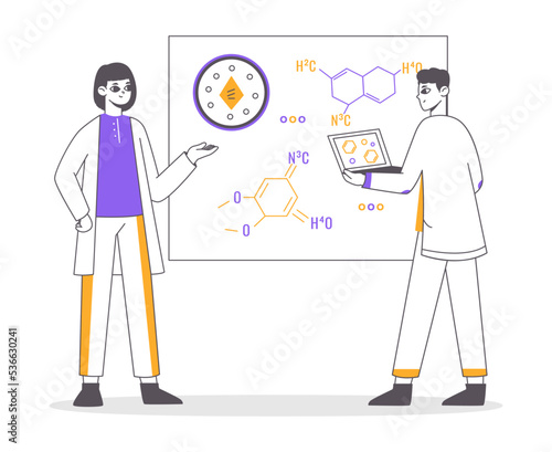 Scientific medical lab workers, chemical laboratory experiment. Scientists biotechnology researching, lab workers characters vector symbols illustration. Medical lab concept