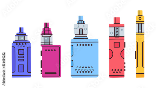 Vape pen, electronic cigarette, smoking devices. Hand drawn e-cigarette, vape shop products for simulating tobacco smoking flat vector illustration set. Cartoon vape pan and box collection