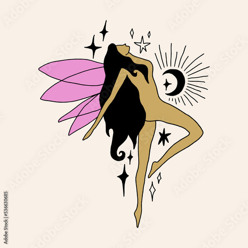 Divine celestial fairy or elf vector clipart illustration, boho sacred magic woman, freedom mystical symbol. Flat holistic healing meditation Reiki New Age concept. Modern abstract silhouette. Hippie photo