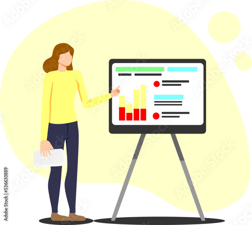 Young woman pointing to flipchart presentation and explaining something. Presentation for company, school or work. Vector illustration.