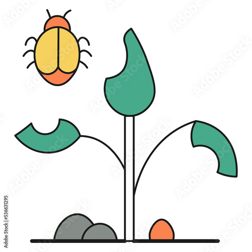 Houseplant sprout and beetle color ecological icon isolated