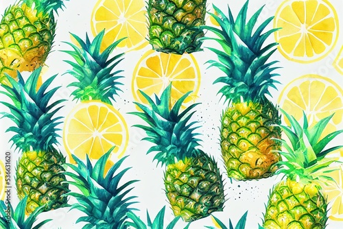 Summer tropical wall arts background. Pineapple, coconut cocktail, fresh drink lemon, line arts. Watercolor background design for wall framed prints, canvas prints, poster, home decor, t shirt photo