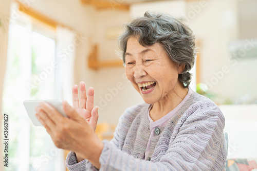 Wallpaper Mural 自宅で孫とテレビ電話をするシニア女性 Torontodigital.ca