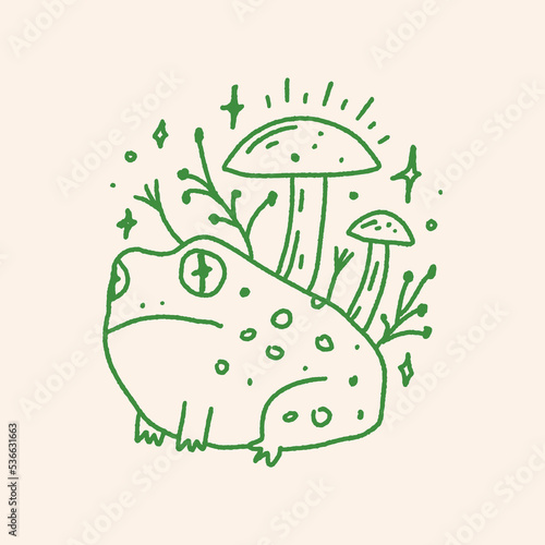 Groovy mushroom hippie frog or toad and mushroom vector and jpg printable image, unique boho clipart illustration, goblincore, witchcore, fairycore trendy aesthetic style. Perfect for poster or