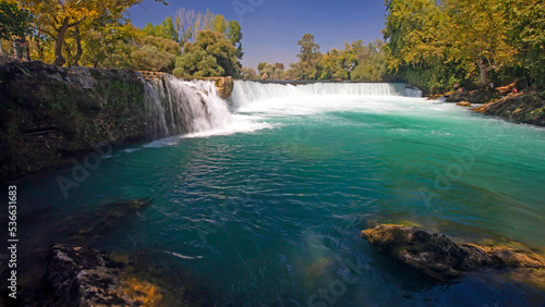 Manavgat Waterfall inTurkey. Antalya  Turkey. Blue green nature background.