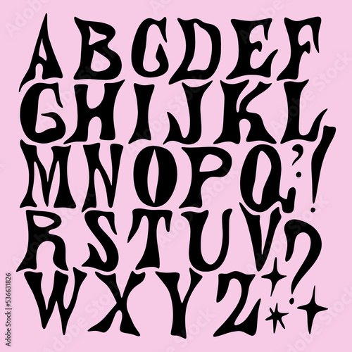 Hippie bohemian groovy postmodern funky font alphabet 1960s boho psychedelic style. Perfect for posters, collages, clothing, music albums and more. Vector clipart illustrations, isolated letters.