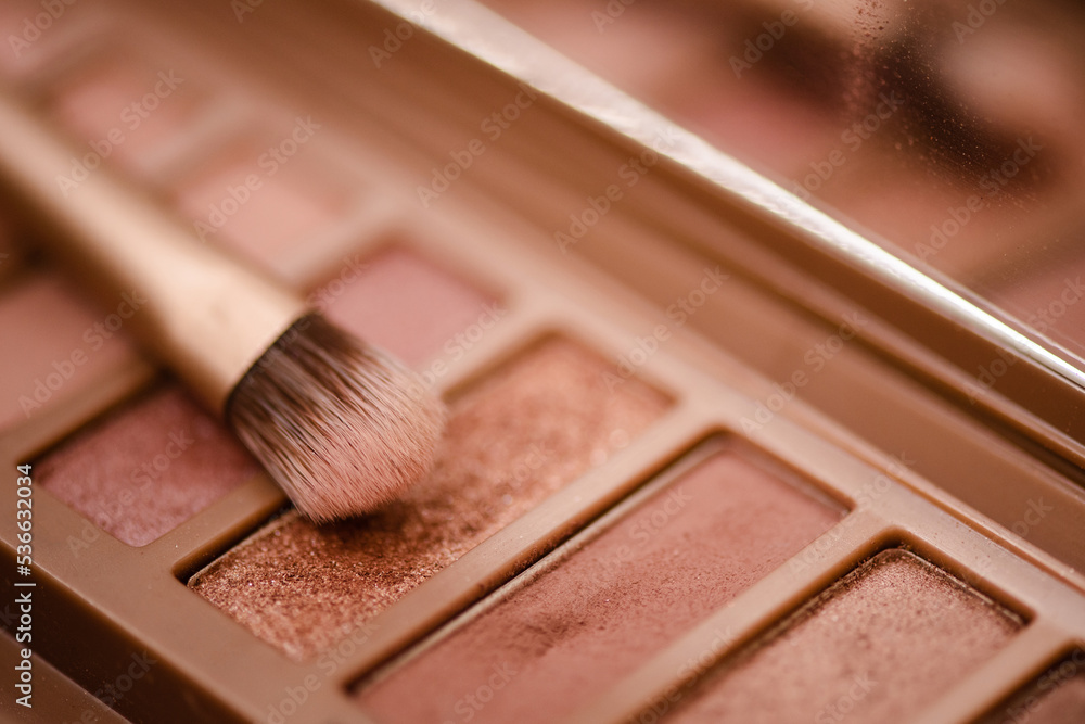 Eye shadow palette in pink rose gold and nude colors closeup. Makeup  cosmetic product. Selective focus. Stock Photo | Adobe Stock