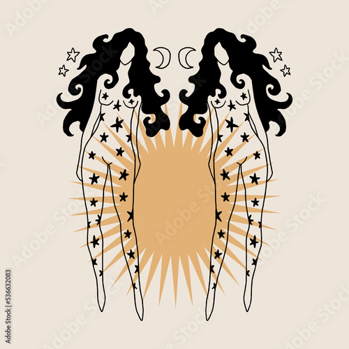 Divine celestial goddess twins zodiac vector clipart illustration, boho sacred magic woman, freedom mystical symbol. Flat holistic healing meditation Reiki New Age concept. Modern abstract silhouette