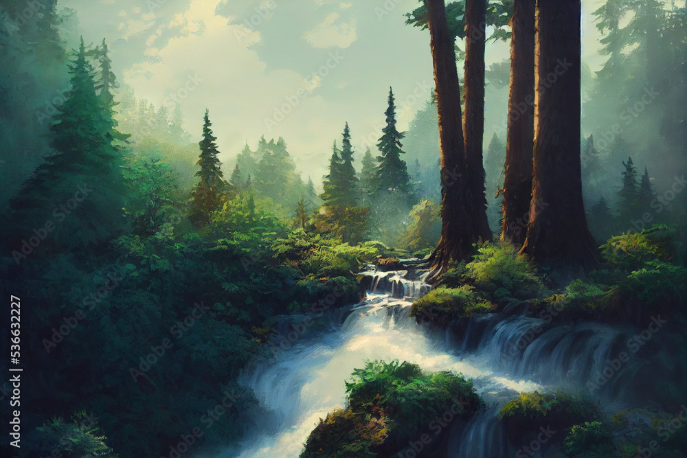 Fototapeta premium Beautiful forest illustration with water