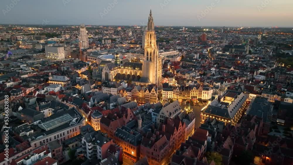 4K Aerial view of cityscape of Antwerp, gothic style landmark Cathedral of Our Lady Antwerp and historic center of city Belgium from above, Europe at night 4K Aerial view of cityscape of Antwerp, gothic style landmark Cathedral of Our Lady Antwerp and historic center of city Belgium from above, Europe at night
