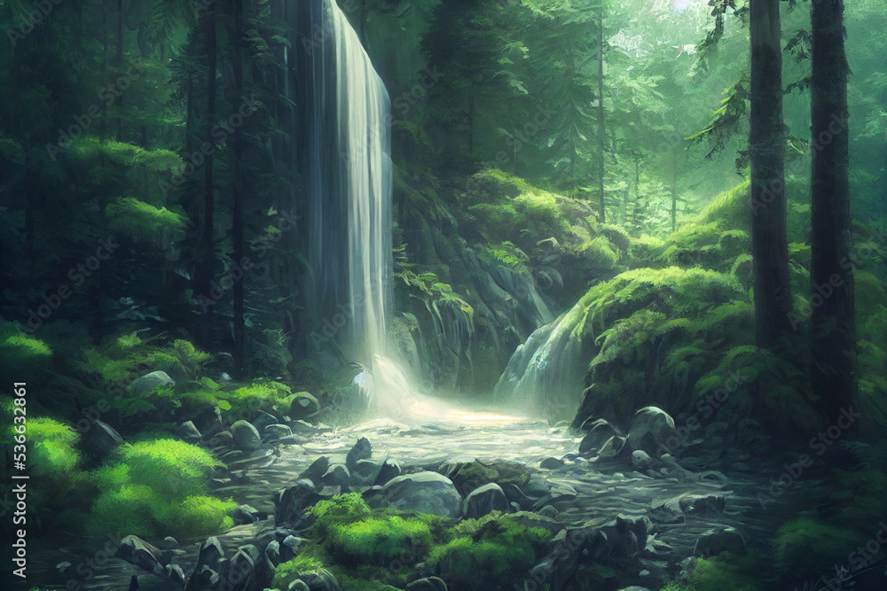 Beautiful forest illustration with water Beautiful forest illustration with water