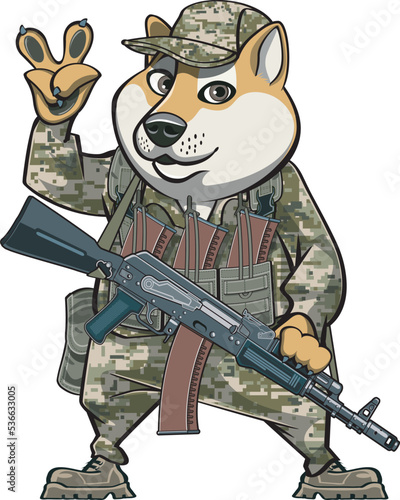 cartoon japanese “shiba inu” dog military soldier