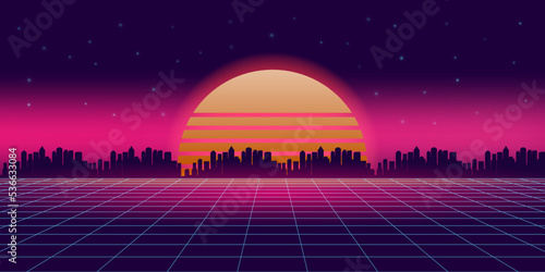 Retro futuristic synthwave retrowave styled night with cityscape silhouette on sunset background. 