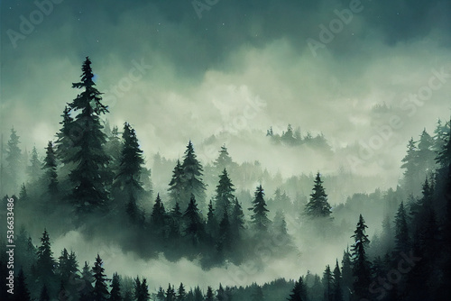 Forest filled with mist illustration photo