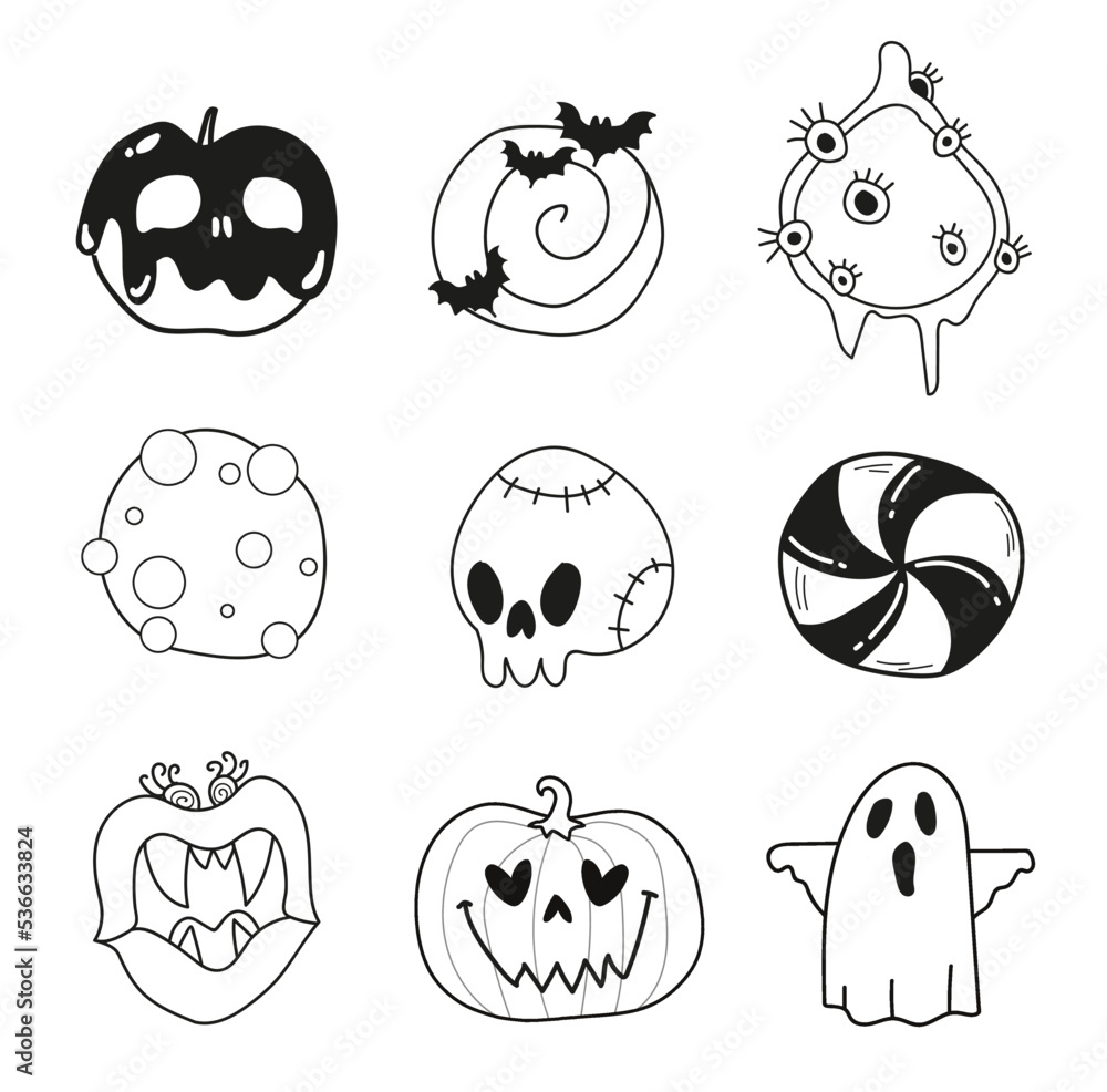 Fototapeta premium Halloween icons set for web, mobile, decoration, kids celebration, party, invitation, labels for drink o food, coloring page. Outline Vector Icons. Halloween cute candy, sweets, trick o treat. 