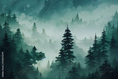 Forest filled with mist illustration