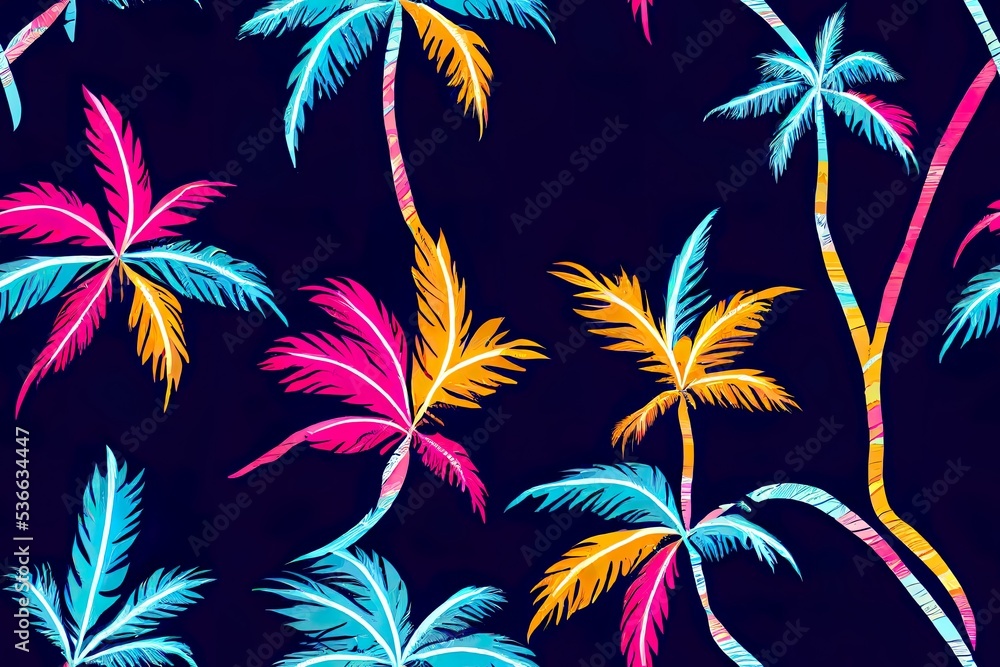 Beautiful seamless island pattern on black background. Landscape with colorful neon color palm tree,beach and ocean 2d hand drawn style.