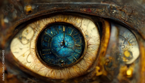 Eye of time. Clock - eye. The eye of an ancient animal. Imagination picture, time - clocks concept. AI illustration, 16:9. Fantasy painting, digital art, artificial intelligence artwork 
